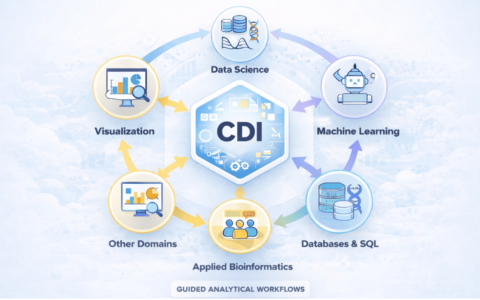 CDI analytical workflow visual connecting data science, visualization, machine learning, databases and applied bioinformatics through structured reasoning.