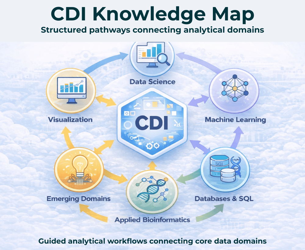 CDI analytical workflow visual connecting data science, visualization, machine learning, databases and applied bioinformatics through structured reasoning.