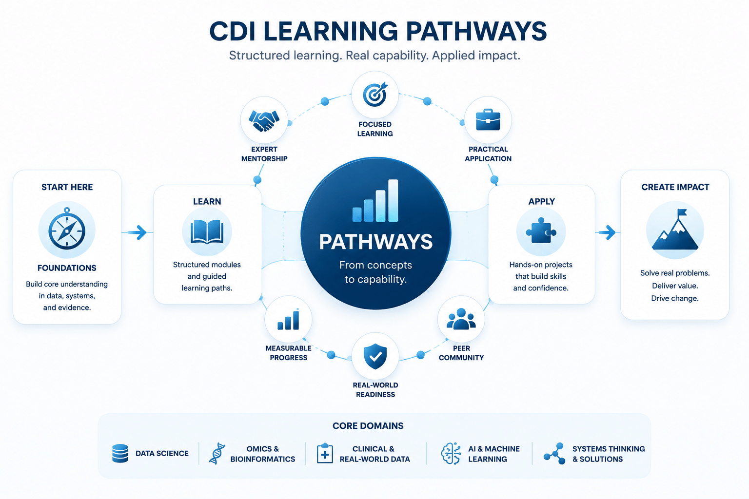 CDI learning pathways map showing foundations, learning, application, mentorship, measurable progress, and impact