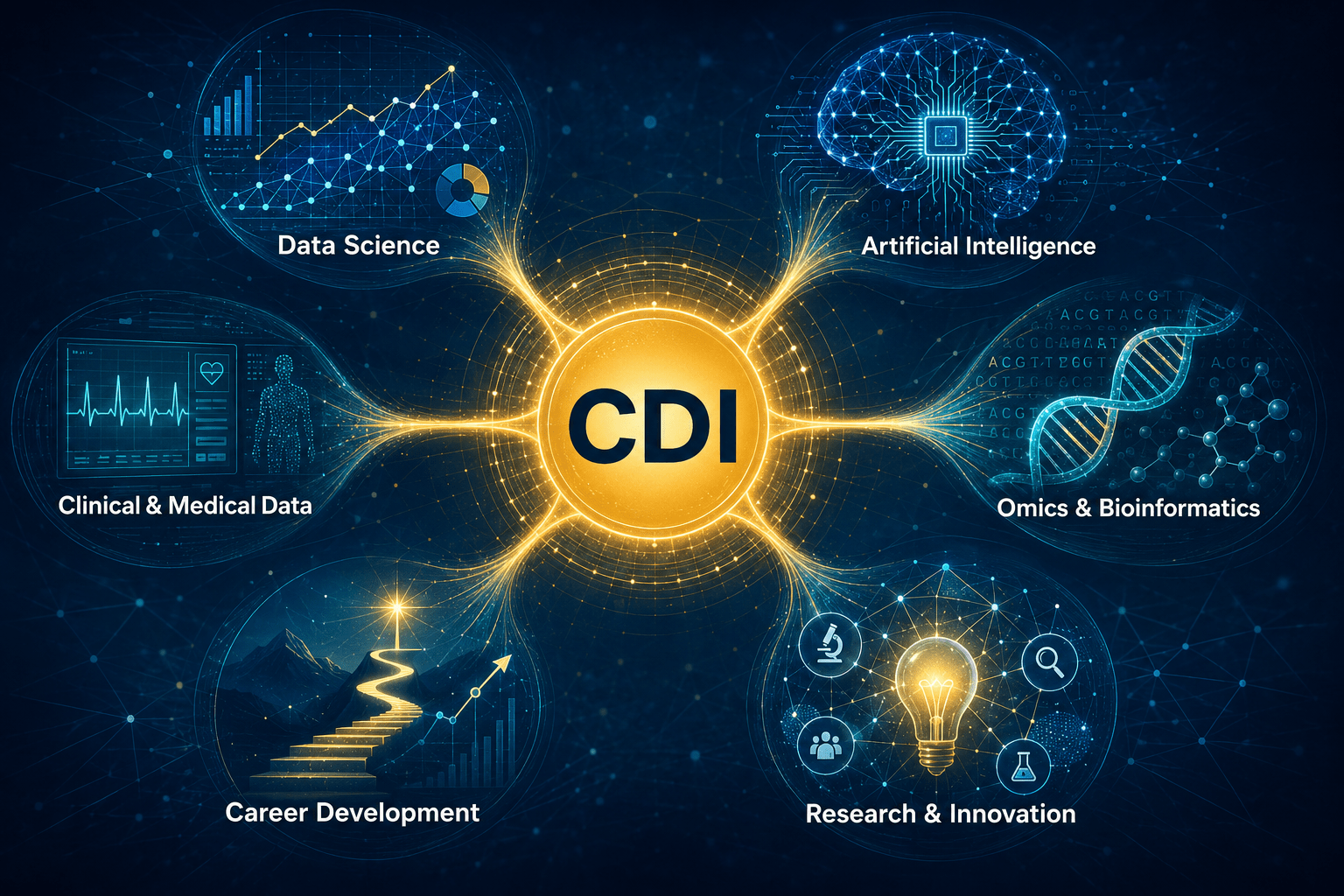 CDI connecting six domains: Data Science, Artificial Intelligence, Omics and Bioinformatics, Clinical and Medical Data, Career Development, and Research and Innovation.