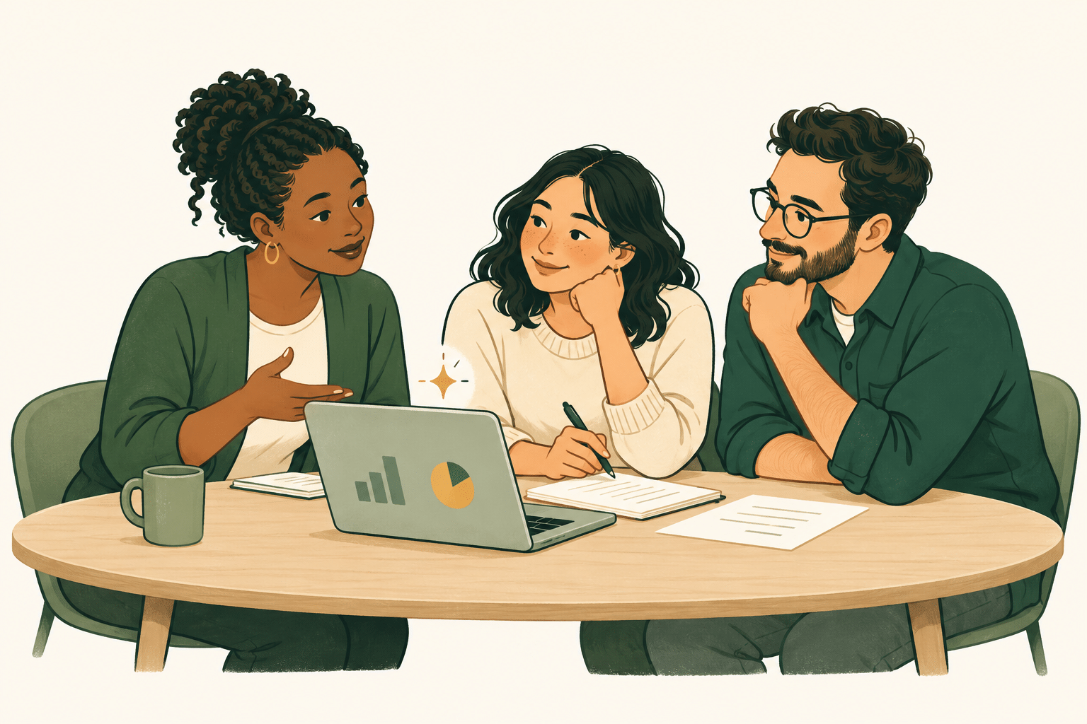 Illustration of a learner discussing their questions with two supportive CDI team members.
